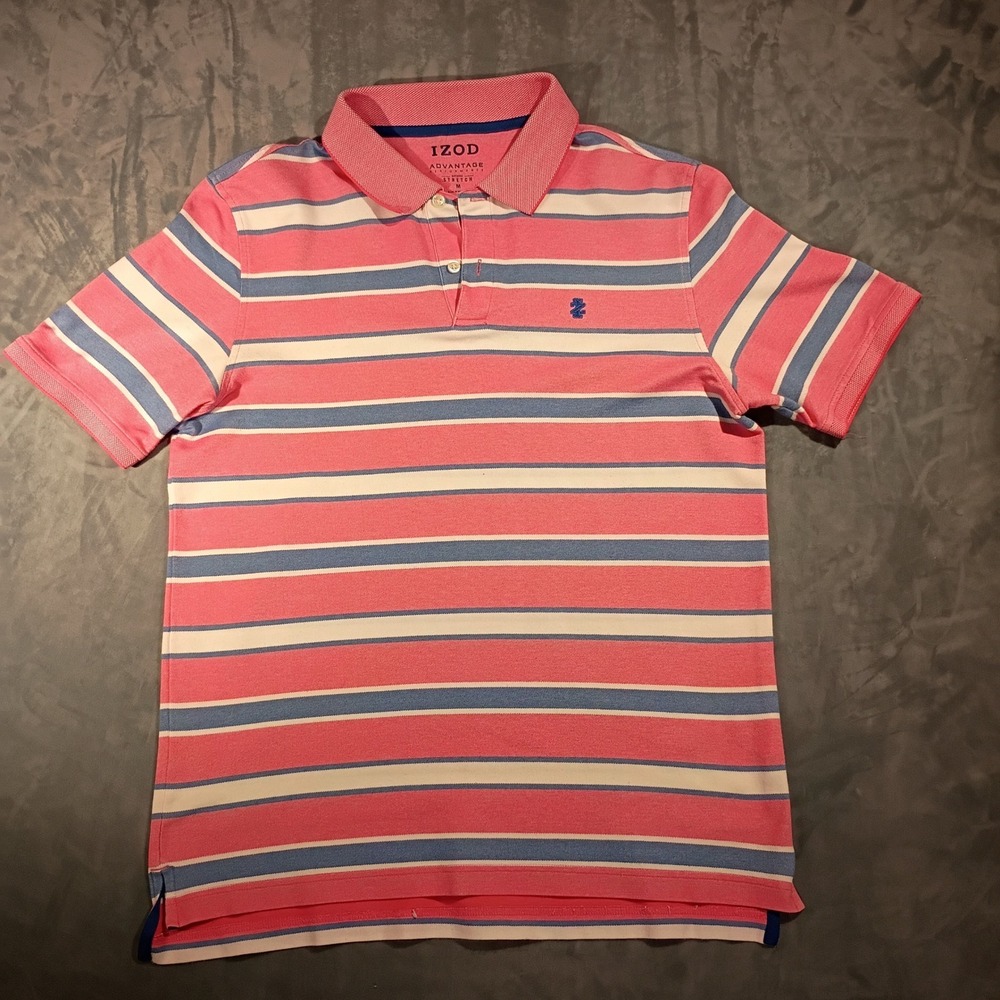 IZOD Advantage Performance Polo Shirt Mens Medium Pink Blue Striped Stretch Golf